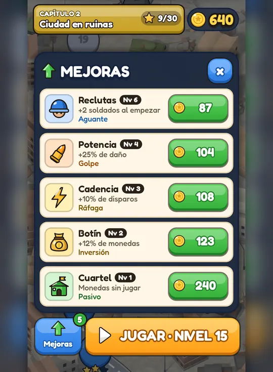 Menú de mejoras con Reclutas, Potencia, Cadencia, Botín y Cuartel, y el botón Jugar