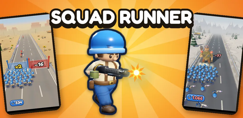 Squad Runner: Army Rush, con un soldado de casco azul y capturas de la carretera